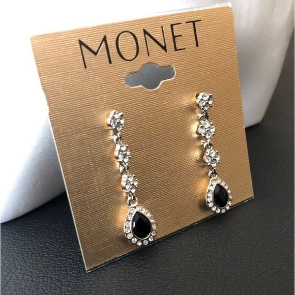 NWT Vintage Signed Monet Silver & Black Teardrop Crystal Trim Dangly Earrings - Picture 5 of 10